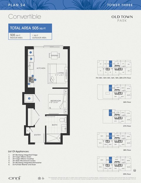 Floor plan for studio, 1 bath, 505 sqft
